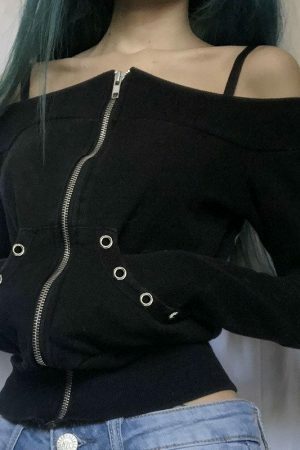 Y2K Sexy Open Shoulder Zipper Crop Top Jacket for Women - Retro Streetwear