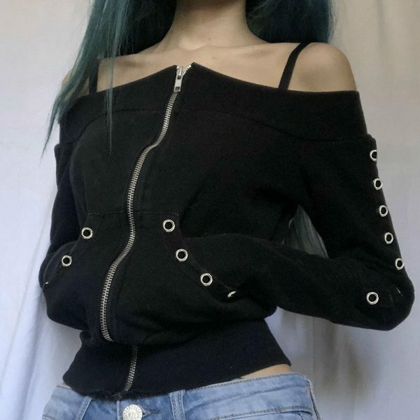 Y2K Sexy Open Shoulder Zipper Crop Top Jacket for Women - Retro Streetwear