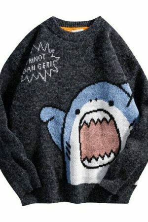 Y2K Shark Embroidered Knit Sweater - Streetwear Aesthetic