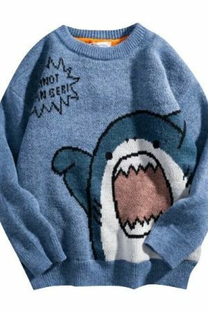 Y2K Shark Embroidered Knit Sweater - Streetwear Aesthetic