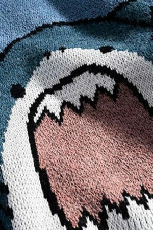 Y2K Shark Embroidered Knit Sweater - Streetwear Aesthetic