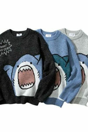 Y2K Shark Embroidered Knit Sweater - Streetwear Aesthetic