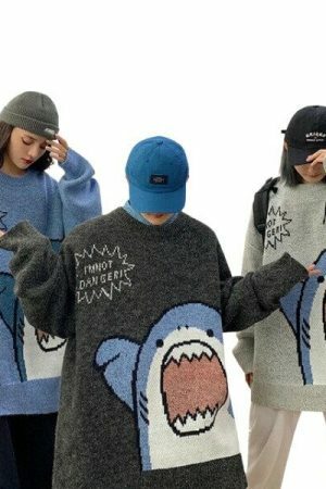 Y2K Shark Embroidered Knit Sweater - Streetwear Aesthetic