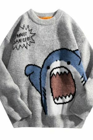 Y2K Shark Embroidered Knit Sweater - Streetwear Aesthetic