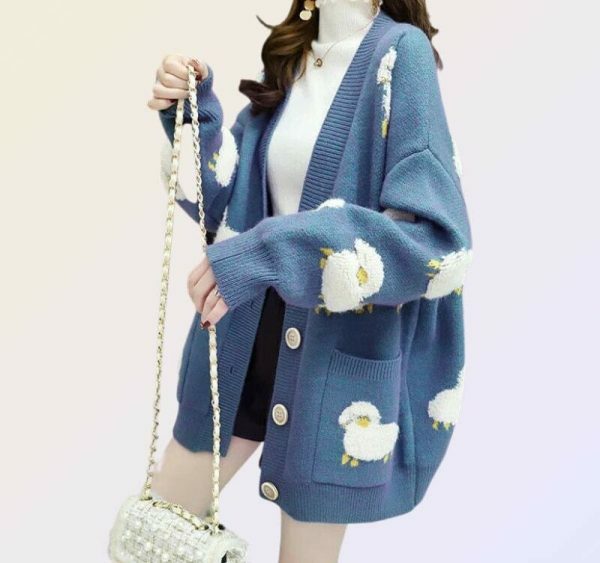 Y2K Sheep Embroidery Oversized Sweater - Korean Harajuku Vintage Sweatshirt