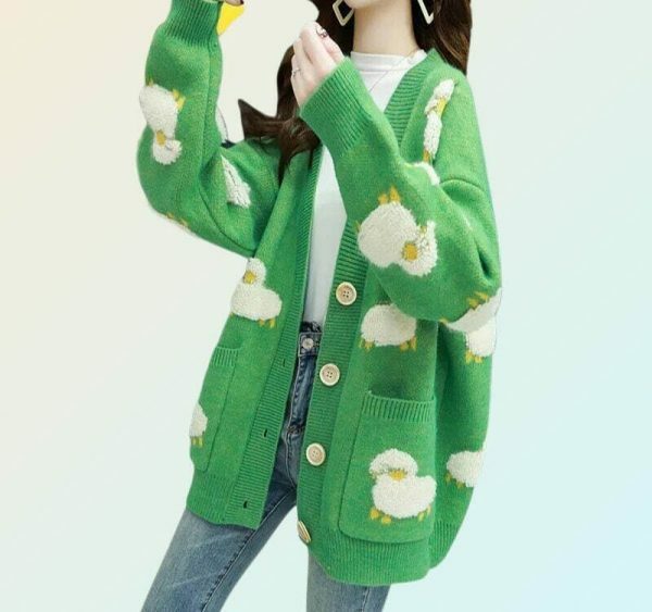 Y2K Sheep Knit V-Neck Cardigan, Long Sleeve Streetwear Overcoat