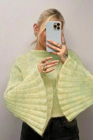 Y2K Sheer Bat Sleeve Blouse Sweater - Streetwear Fashion