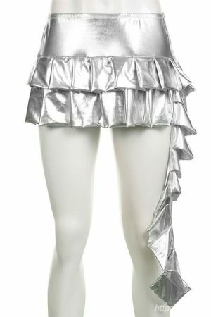 Y2K Silver Coated Ruched Mini Skirt