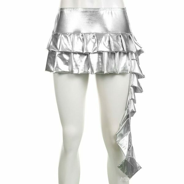 Y2K Silver Coated Ruched Mini Skirt