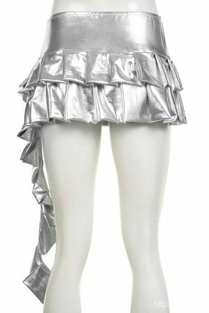 Y2K Silver Coated Ruched Mini Skirt