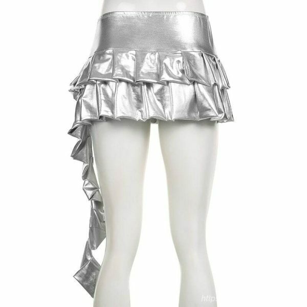 Y2K Silver Coated Ruched Mini Skirt