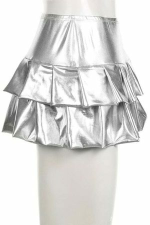 Y2K Silver Coated Ruched Mini Skirt