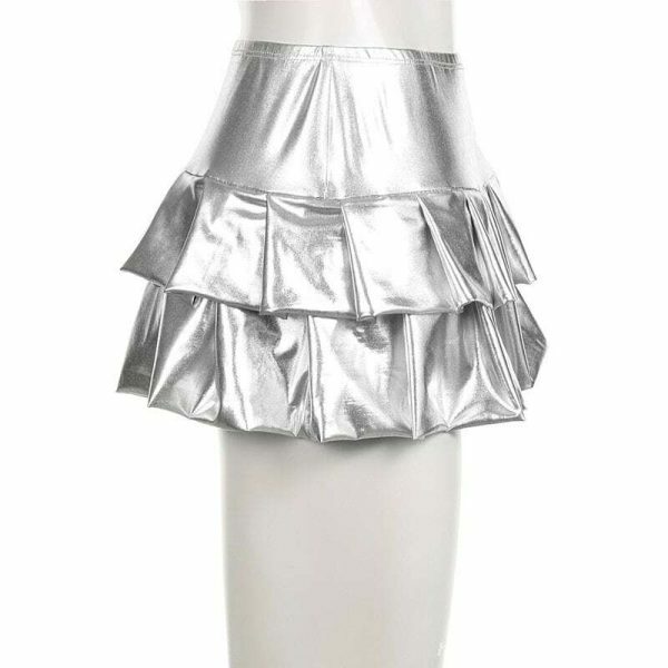 Y2K Silver Coated Ruched Mini Skirt