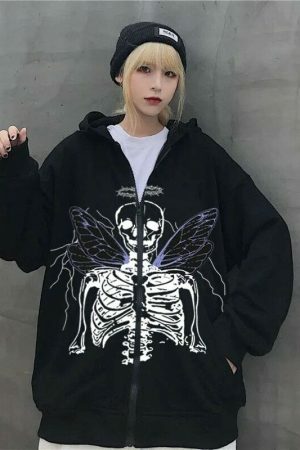 Y2K Skeleton Print Oversized Hoodie, Streetwear Aesthetic