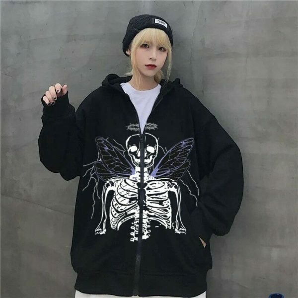 Y2K Skeleton Print Oversized Hoodie, Streetwear Aesthetic