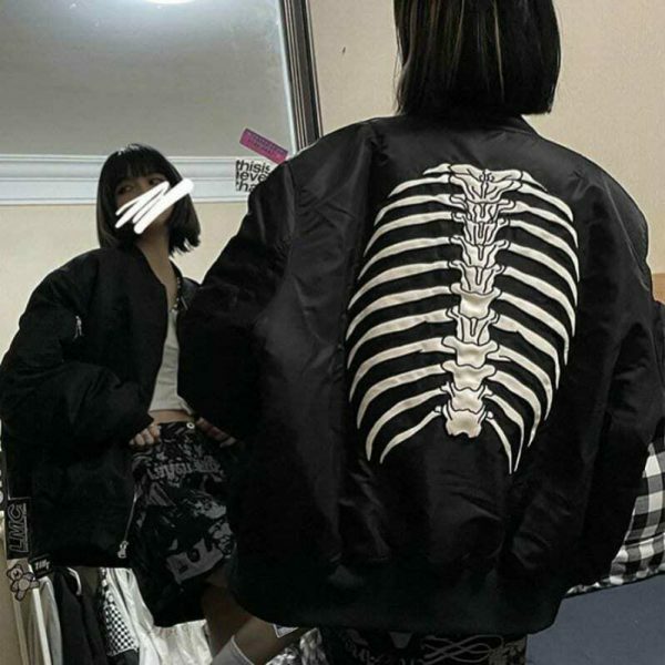 Y2K Skull Print Gothic Harajuku Vintage Black Bomber Jacket