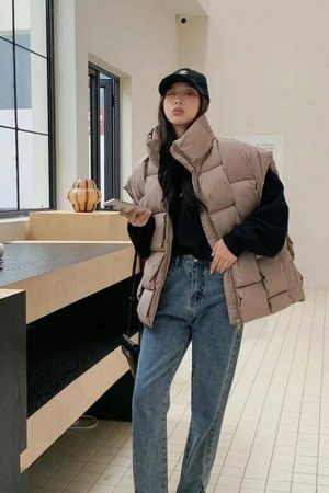 Y2K Sleeveless Puffy Jacket Women Korean Fashion Cotton Down Vest