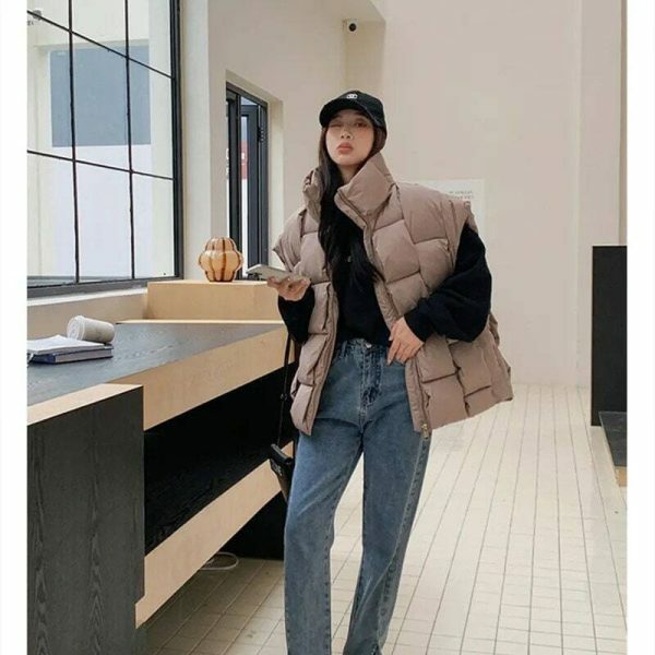 Y2K Sleeveless Puffy Jacket Women Korean Fashion Cotton Down Vest