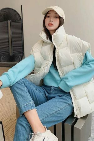 Y2K Sleeveless Puffy Jacket Women Korean Fashion Cotton Down Vest