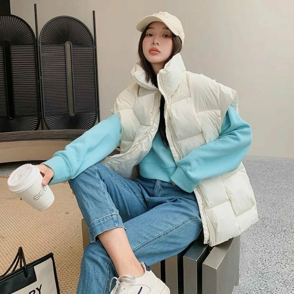 Y2K Sleeveless Puffy Jacket Women Korean Fashion Cotton Down Vest