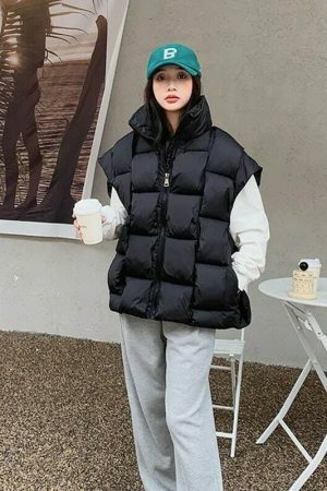 Y2K Sleeveless Puffy Jacket Women Korean Fashion Cotton Down Vest