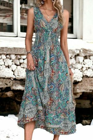 Y2K Sleeveless V-Neck Maxi Boho Dress | Summer Print Elastic Waist Tank Dress