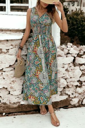 Y2K Sleeveless V-Neck Maxi Boho Dress | Summer Print Elastic Waist Tank Dress