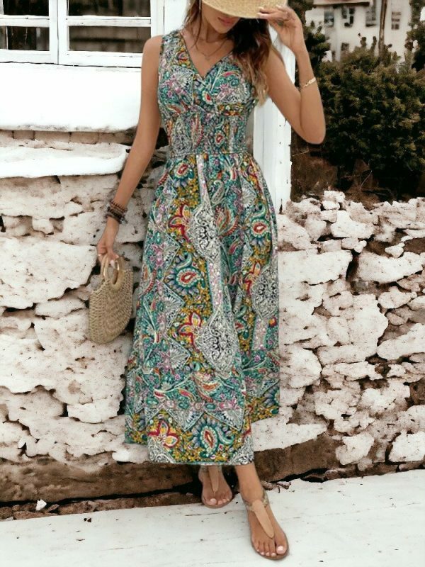 Y2K Sleeveless V-Neck Maxi Boho Dress | Summer Print Elastic Waist Tank Dress