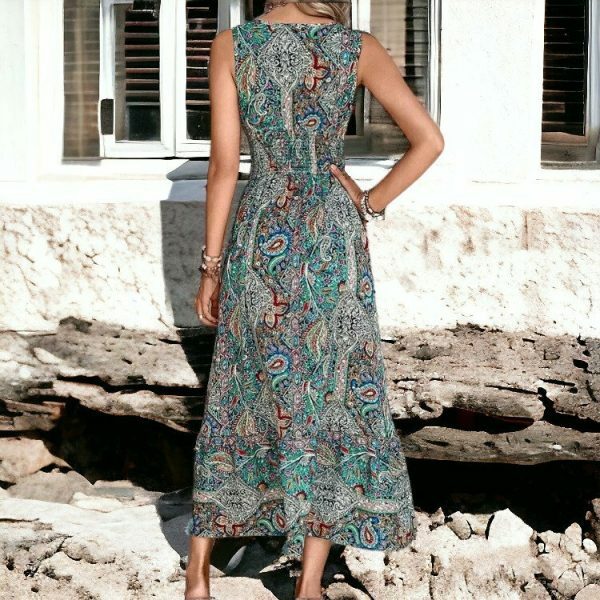 Y2K Sleeveless V-Neck Maxi Boho Dress | Summer Print Elastic Waist Tank Dress