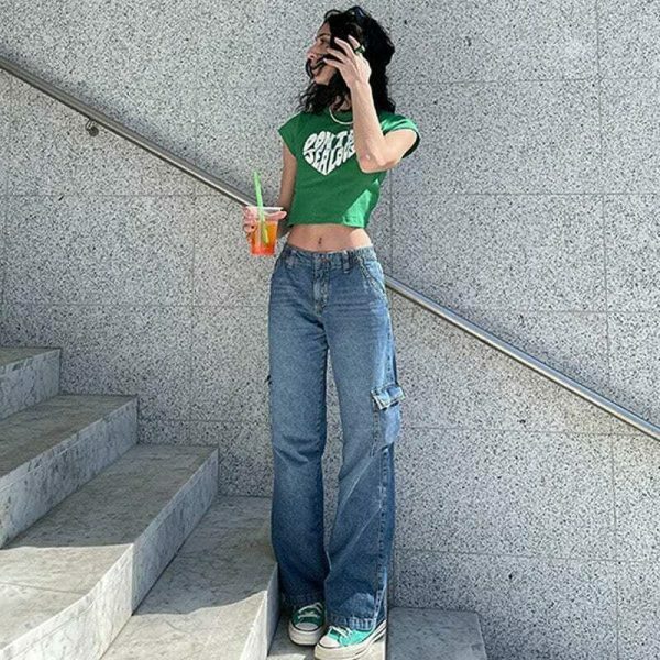 Y2K Slogan Crop Tee Streetwear Harajuku Fruit Green Fashion Letter Print Kawaii Baby Summer Slim Fit