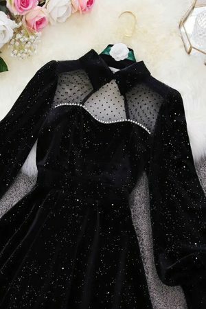 Y2K Sparkly Velvet Winter Prom Dress - Streetwear Vintage A-Line Mini Long Sleeve Party Dress