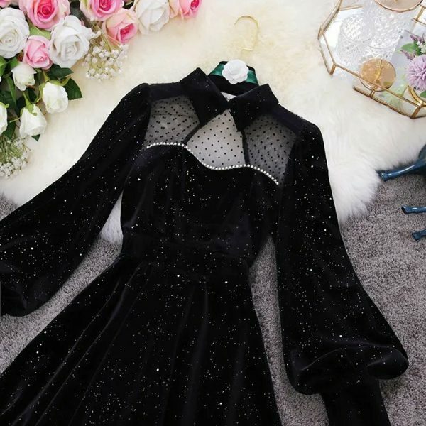 Y2K Sparkly Velvet Winter Prom Dress - Streetwear Vintage A-Line Mini Long Sleeve Party Dress