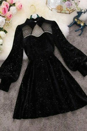 Y2K Sparkly Velvet Winter Prom Dress - Streetwear Vintage A-Line Mini Long Sleeve Party Dress