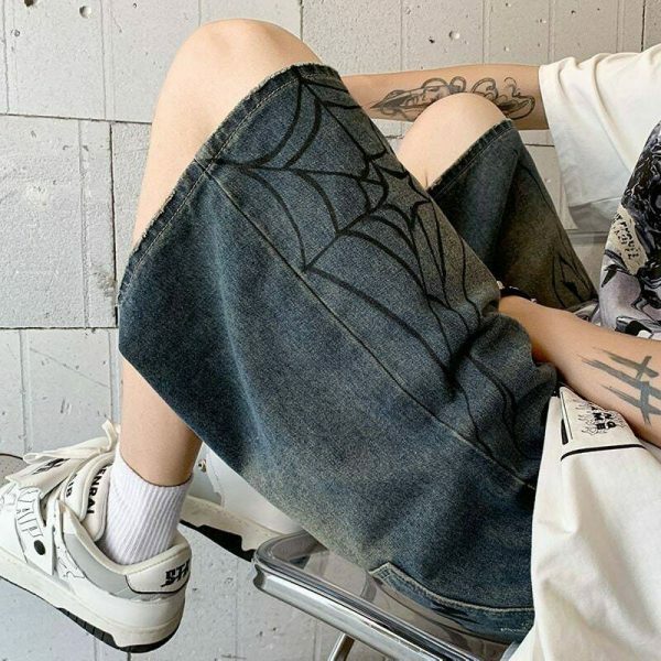 Y2K Spider Patchwork Denim Shorts for Men - Ripped Baggy Jeans Jorts