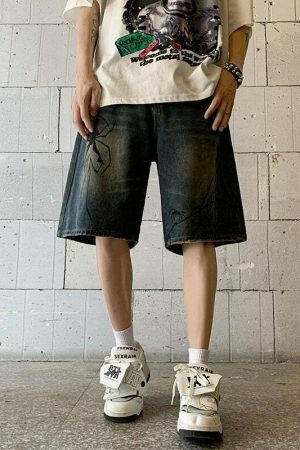 Y2K Spider Patchwork Denim Shorts for Men - Ripped Baggy Jeans Jorts