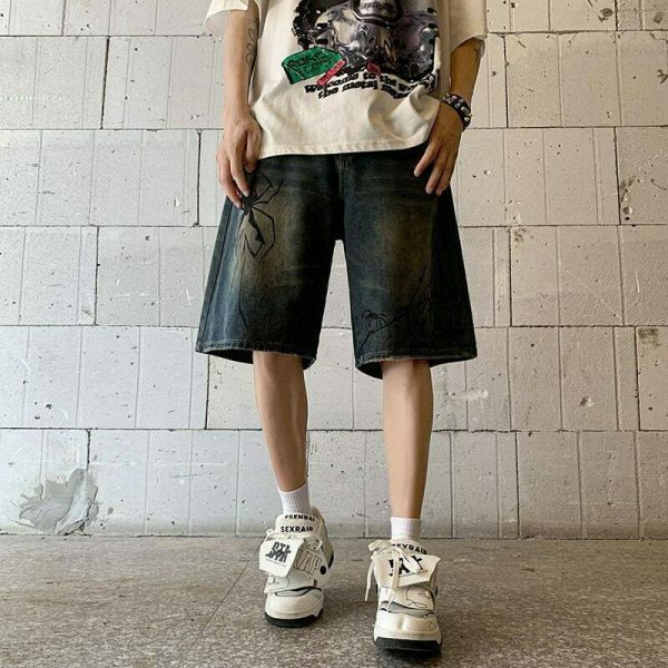 Y2K Spider Patchwork Denim Shorts for Men - Ripped Baggy Jeans Jorts