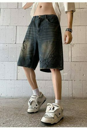 Y2K Spider Patchwork Denim Shorts for Men - Ripped Baggy Jeans Jorts