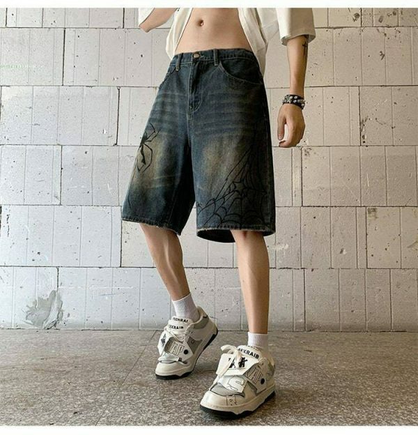 Y2K Spider Patchwork Denim Shorts for Men - Ripped Baggy Jeans Jorts