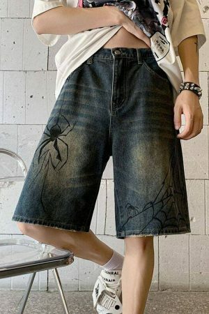 Y2K Spider Patchwork Denim Shorts for Men - Ripped Baggy Jeans Jorts