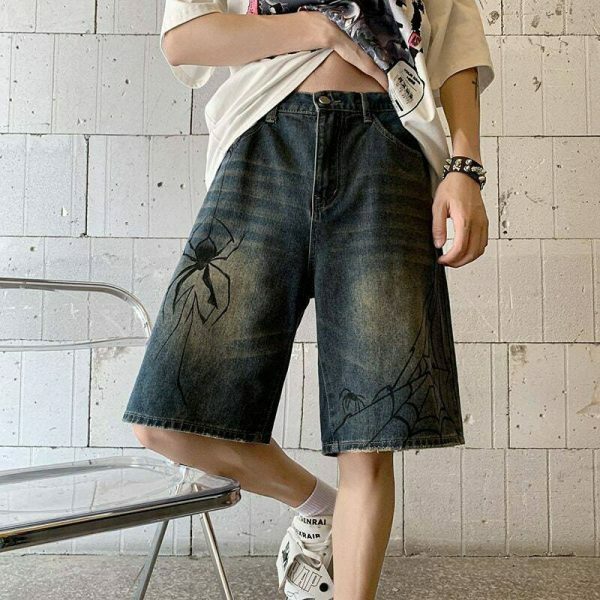 Y2K Spider Patchwork Denim Shorts for Men - Ripped Baggy Jeans Jorts