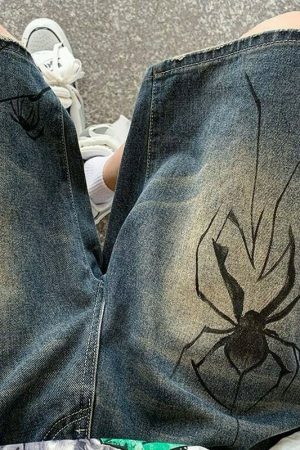 Y2K Spider Patchwork Denim Shorts for Men - Ripped Baggy Jeans Jorts