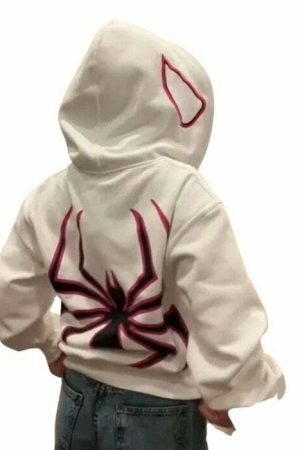 Y2K Spider Print Hip Hop Zip Up Hoodie Goth Harajuku Oversized Sweatshirt