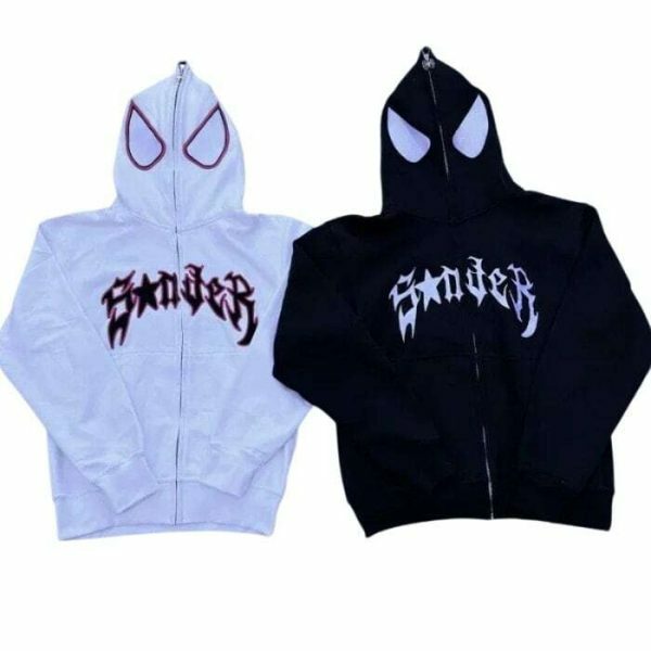 Y2K Spider Print Hip Hop Zip Up Hoodie Goth Harajuku Oversized Sweatshirt