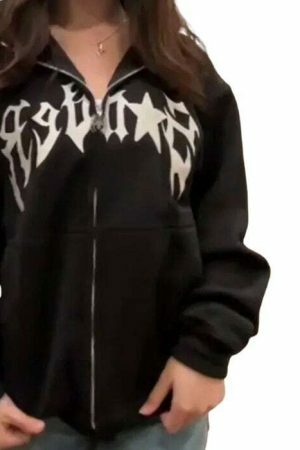 Y2K Spider Print Hip Hop Zip Up Hoodie Goth Harajuku Oversized Sweatshirt