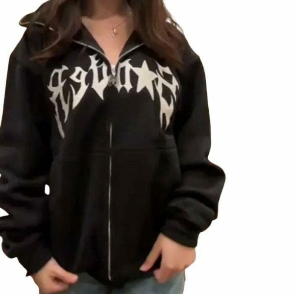 Y2K Spider Print Hip Hop Zip Up Hoodie Goth Harajuku Oversized Sweatshirt