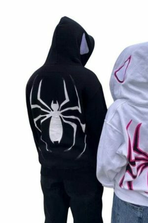 Y2K Spider Print Hip Hop Zip Up Hoodie Goth Harajuku Oversized Sweatshirt