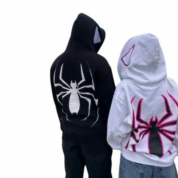 Y2K Spider Print Hip Hop Zip Up Hoodie Goth Harajuku Oversized Sweatshirt