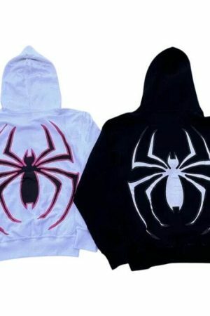 Y2K Spider Print Hip Hop Zip Up Hoodie Goth Harajuku Oversized Sweatshirt