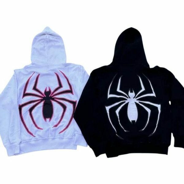 Y2K Spider Print Hip Hop Zip Up Hoodie Goth Harajuku Oversized Sweatshirt