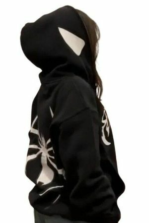 Y2K Spider Print Hip Hop Zip Up Hoodie Goth Harajuku Oversized Sweatshirt